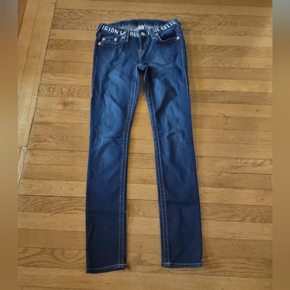 True Religion World Tour Skinny Jeans Size 28 Dark Wash Spell Out Waistband Y2K